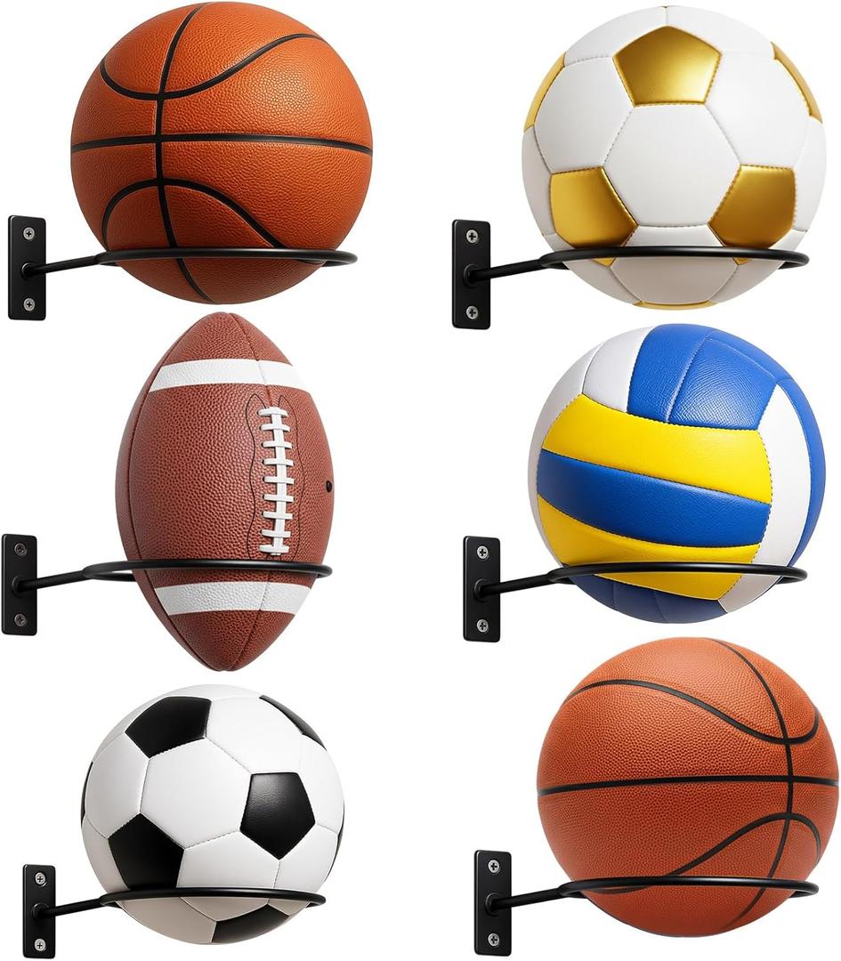 Threan Basketball Holder Wall Mount, Sports Ball Storage Display Rack for Basketball Football Volleyball Soccer, Metal Black Ball Holder, Room Decor Saver Storage Display