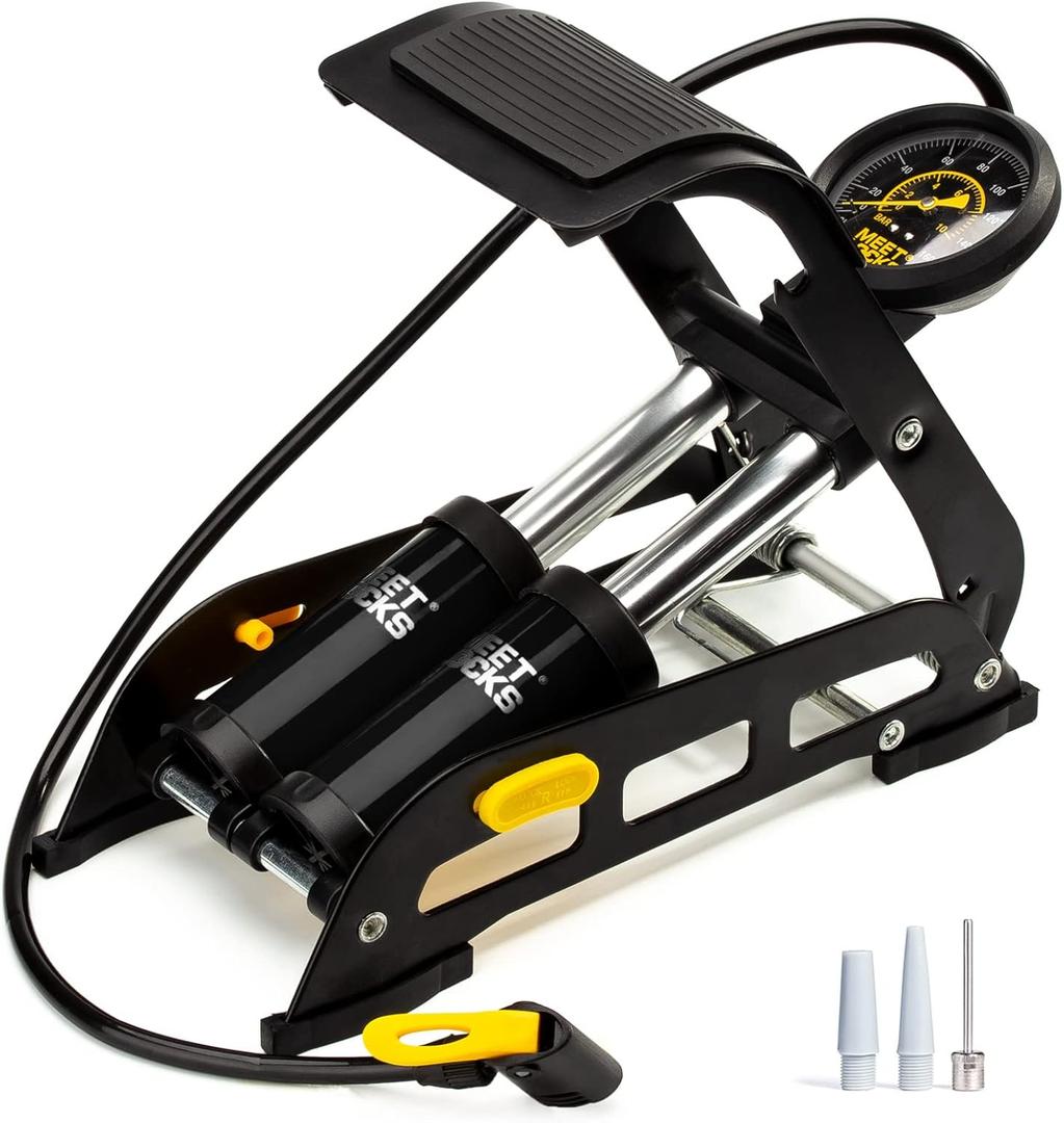 MEETLOCKS Double Cylinder Barrel Bike Foot Pump,160PSI Aluminum Body Floor Air Pump with Precisional Accurate Pressure Gauge Smart Valve Head for Presta Schrader & Deutschland Valve Bicycle Tire Pumps (Black)