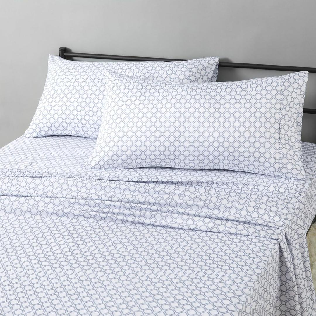 Amazon Basics Lightweight Microfiber 4-Piece Bed Sheet Set, King, Aqua, Printed (Aqua Squre Grid)