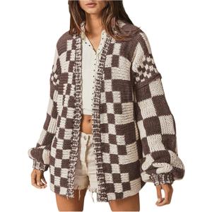 WDIRARA Women's Checkered Cardigan Sweaters Chunky Knit Open Front Long Sleeve Knit Outerwear (L)
