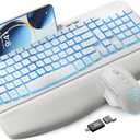 SABLUTE Wireless Keyboard and Mouse Combo - Ergonomic Wave Keyboard with Soft Leather Wrist Rest, Phone Holder, Rechargeable, RGB Backlit Mouse, Full-Size Set for Windows/Mac/Computer (White)