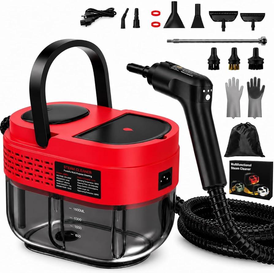 Steam Cleaner 2500W Handheld Steamer with 1.6L Tank, 3 Steam Levels, Portable Steam Cleaning Machine for Home, Car Detailing, Furniture, Bed Bugs & Grout Red