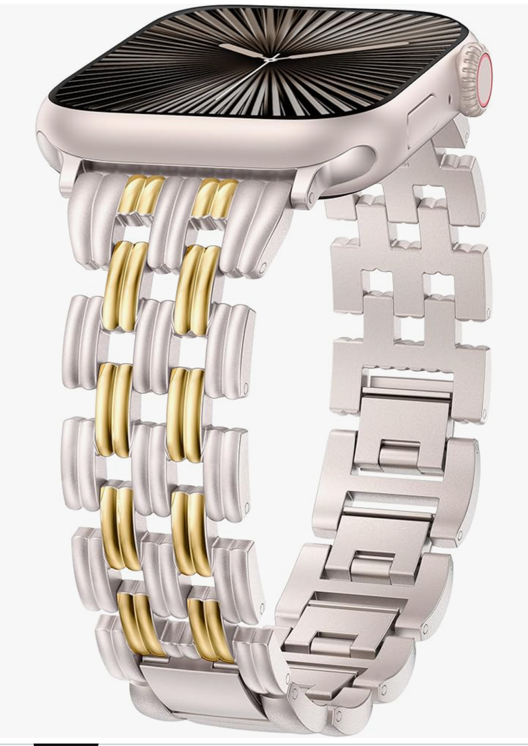 Minyee Compatible with Apple Watch Band Women 42/41/40/38/44/45/46/49mm, Dressy Starlight Gold Shiny Basketweave Designer Stainless Steel Metal Strap for iWatch Series 11 10 9 8 7 6 5 3 2 1 SE Ultra