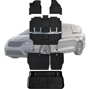 Floor Mats, Trunk Liner & Backrest Mat for 2017-2025 2026 Chrysler Pacifica Gas Touring 7/8 Seat (Non Hybrid & Non Pinnacle) Customized TPE All Weather Car Floor Liners with Backrest Protection Black
