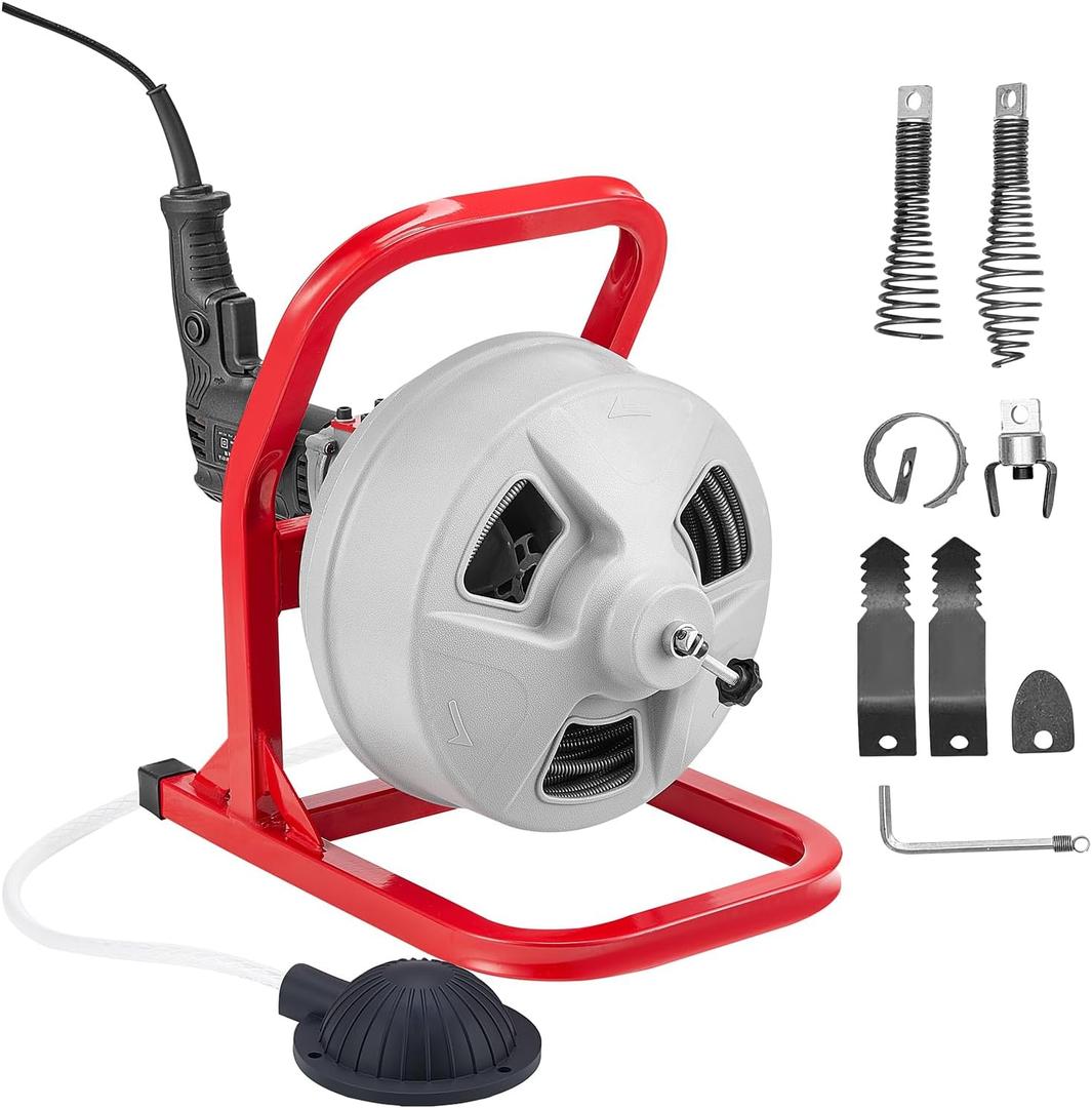 VEVOR Drain Cleaner Machine 50 FT x 5/16 Inch, Sewer Snake Auger with 228RPM Electric Drill, Manual Feed Drain Cleaning Machine with 6 Cutters & Air-activated Foot Switch for 2" to 4" Pipes