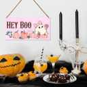Halloween Wood Door Sign, Pink Halloween Ghost Decor for Home Porch Patio Front Door Hey Boo Wall Hanging Sign Decorations