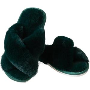 2 x Womens Cross Band Slippers Cozy Furry Fuzzy House Slippers Open Toe Fluffy Indoor Shoes Outdoor Slip on Warm Breathable Anti-skid Sole, (Mix Colors, Size 9-19, 5-6)