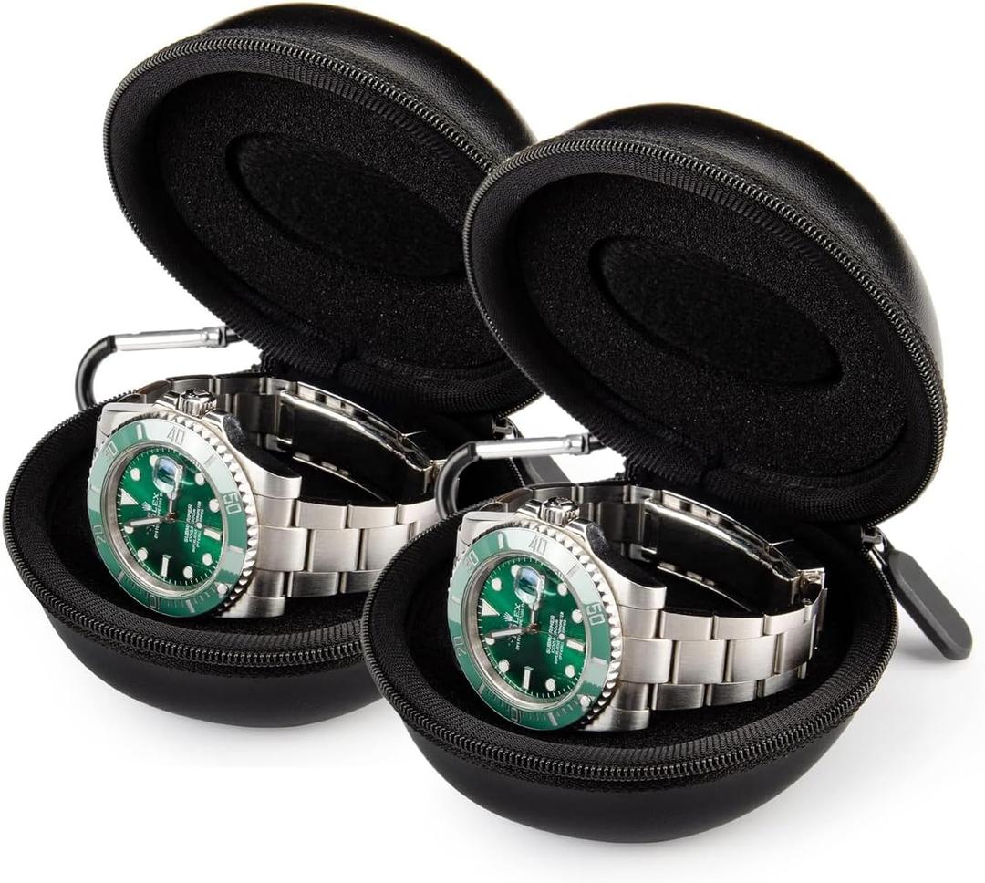 2 Pack Travel Watch Case Single Box for Men, Portable Watch Organizer Holder 1 Slot Women - Fits all Wristwatches & Smart Watches up to 50mm (Double Black)
