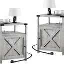 Farmhouse Nightstand Set of 2 with Charging Station, Rustic End Table Bedroom with Storage Living Room Side Table Grayish White Night Stand Industrial Bedside Table, 17.7 X 17.7 X 23.6 Inches