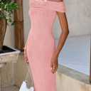 PRETTYGARDEN Summer Dresses for Women Formal Off The Shoulder Midi Bodycon Ribbed Knit Spring Wedding Guest Dress (Pink,Large)