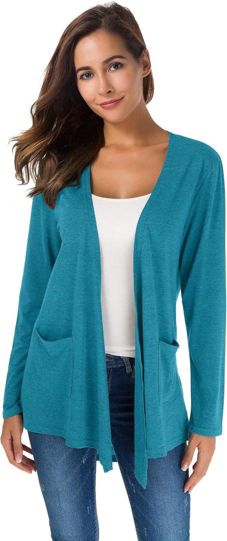 Womens Lightweight Cardigans Long Sleeve Open Front Casual Cardigan with Pockets (Blue-Green, XL)