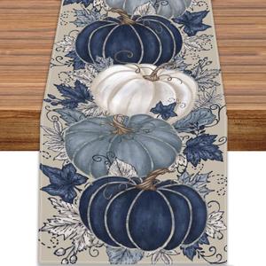 Heirloom Haven Fall Thanksgiving Table Runner, Blue Vintage Pumpkin Maple Leaf Decorative Autumn Harvest Seasonal Table Runner for Farmhouse Kitchen Dining Indoor Home Party Decorations 13x90 inches
