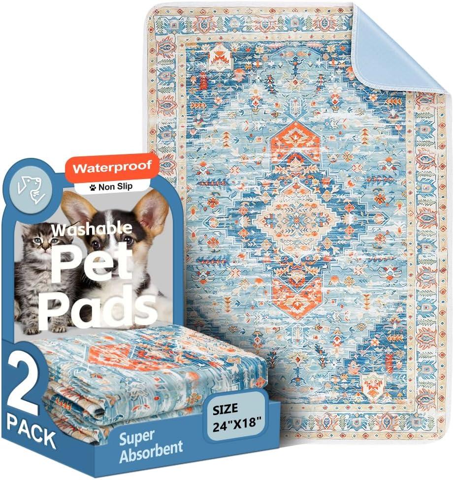 Washable Pee Pads for Dogs 2 Pack Reusable Puppy Training Pads 24"x18" Super Absorbent Waterproof Dog Training Pads, Non-Slip Potty Pads Whelping Pads Litter Mat Pet Supplies - Blue/Mix