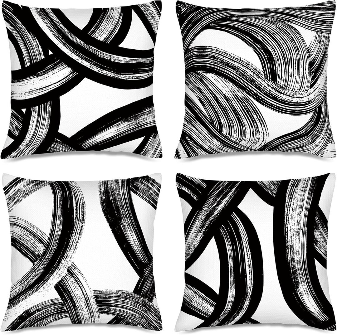Black and White Abstract Striped Throw Pillow Covers 18x18 Set of 4, Modern Art Boho Lines Decorative Square Pillow Cases for Farmhouse Living Room Sofa Bed Couch, Spring Easter Minimalist Home Decor