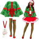 Blosssound Christmas Candy Cane Present Costume for Women Holiday Poncho Outfit Adult Red White Green Stripe Thigh High Sock M