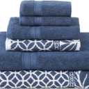 Modern Threads Trefoil Filigree 6-Piece 100% Cotton Towel Set – Reversible Yarn Dyed Jacquard – Includes 2 Bath Towels, 2 Hand Towels, 2 Washcloths – Absorbent, Quick Dry, Soft & Durable – Navy Blue