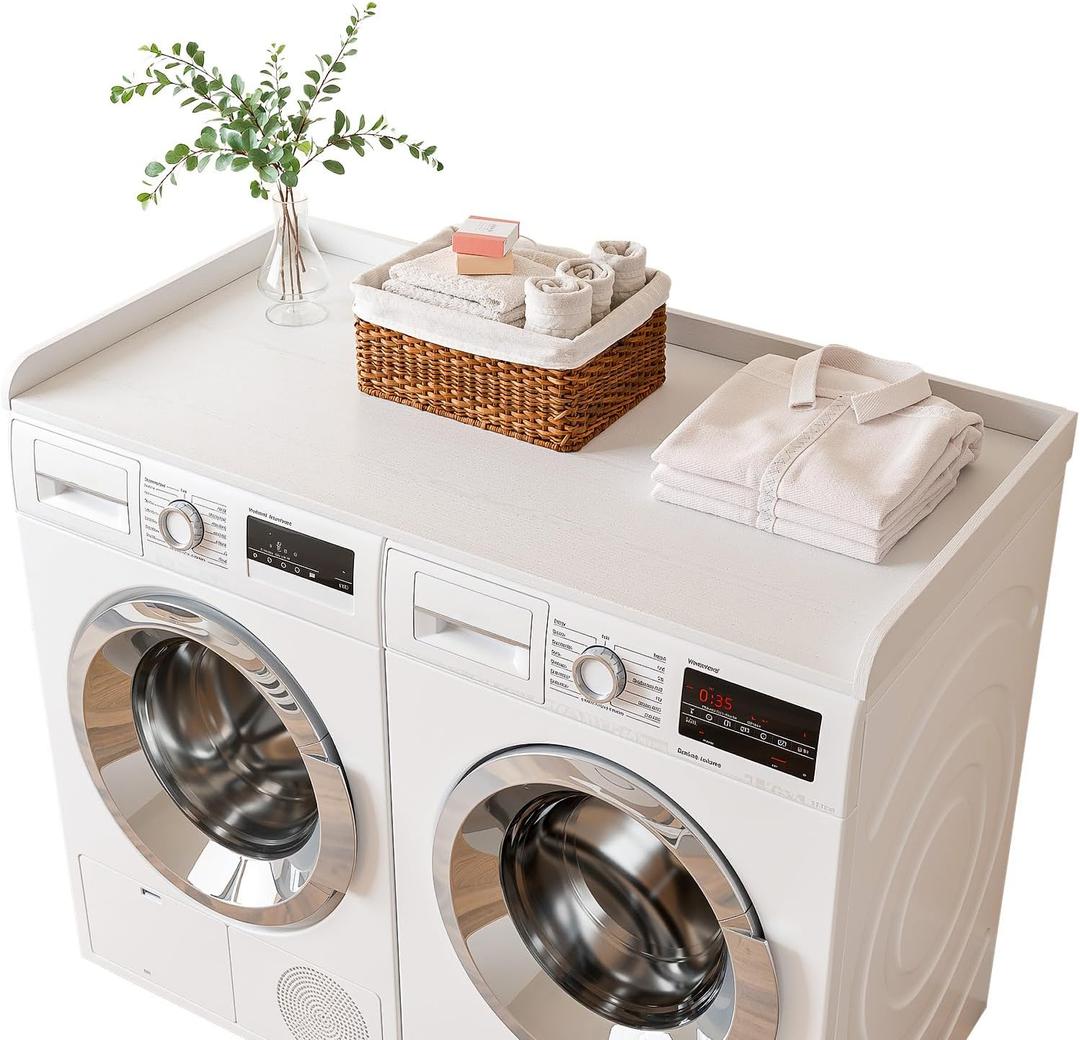 Memobarco Washer Dryer Countertop, 54" Width x 27.5" Depth Laundry Countertop Organization, Wooden Washer and Dryer Topper for Folding, Sorting & Ironing, Easy to Install, White, One Tier