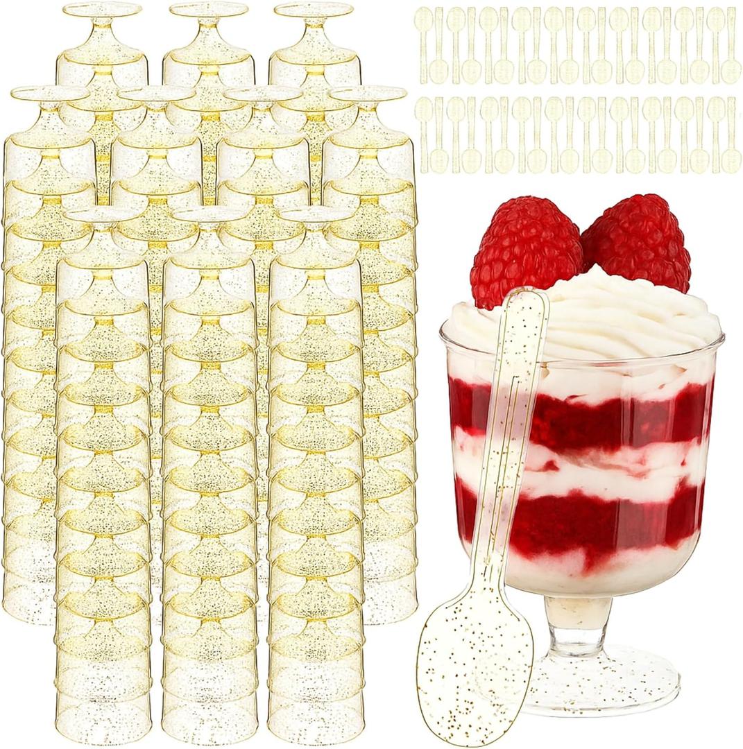 200 Pcs Dessert Cups with Spoons Small Plastic Goblets Disposable Parfait Pudding, Mousse, Appetizer Cups Set for Wedding Valentine's Day Party(Goblet,Gold Glitter)