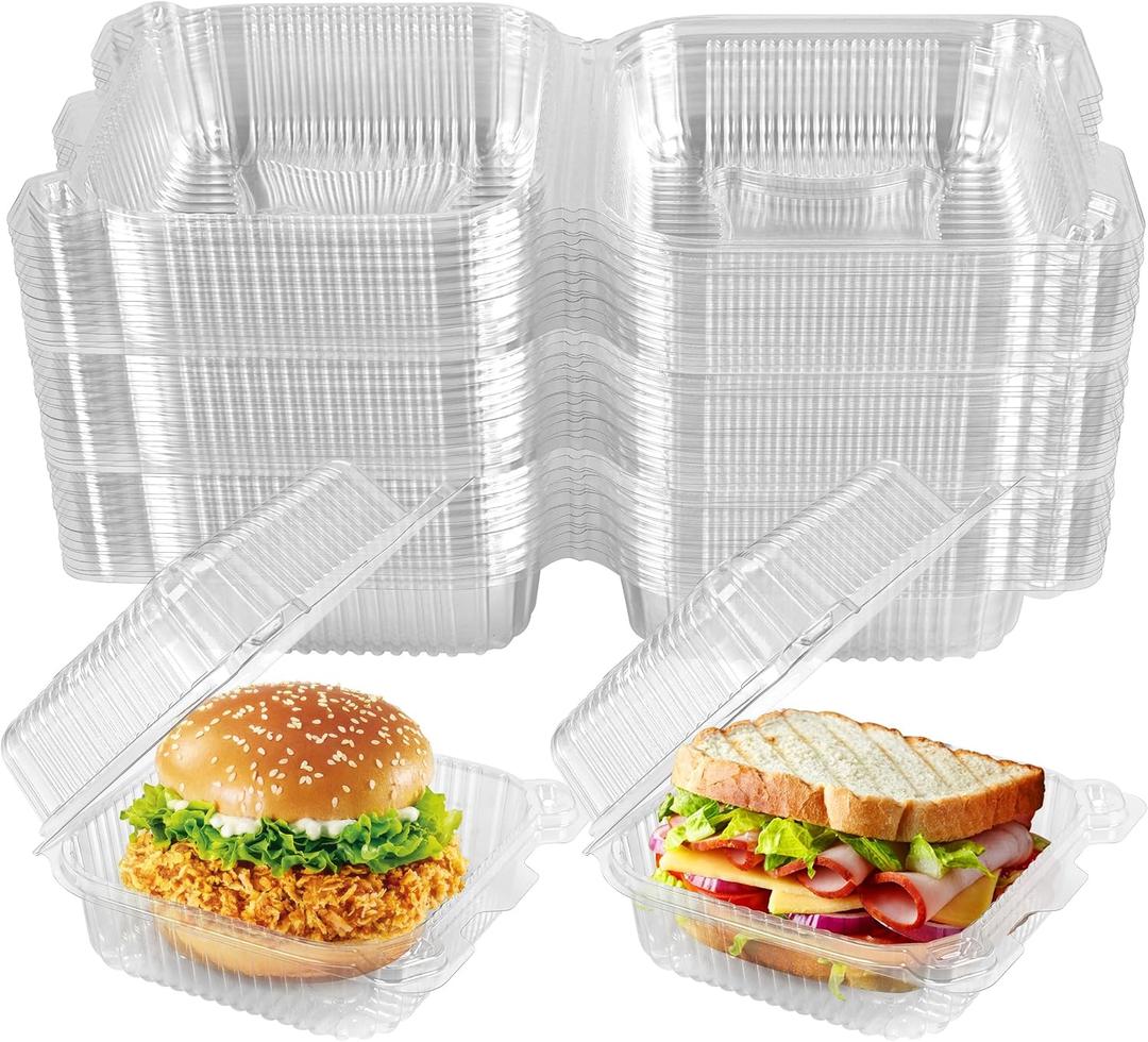 50 Pack Clear Thickening Plastic Hinged Take Out Containers Disposable Clamshell Food Cake Containers with Lids 5.8 x 5.8 x 2.75 inch for Dessert, Cakes, Salads, Pasta, Sandwiches