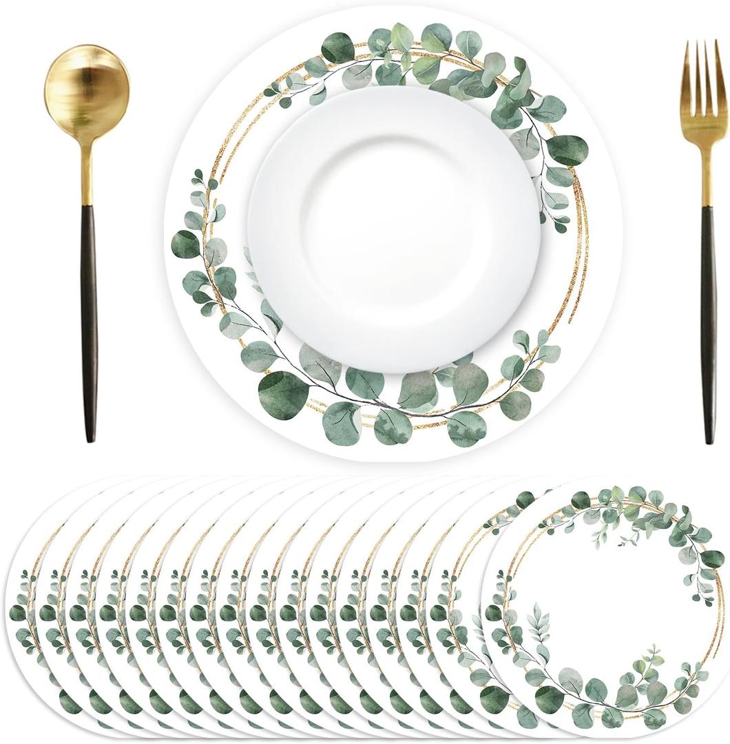 Paper Placemats Disposable 50 Pack Green Eucalyptus Leaves Wedding Disposable Placemats 13.7 Inch Summer Wedding Round Table Mats for Birthday Wedding Baby Shower Party Dining Decoration