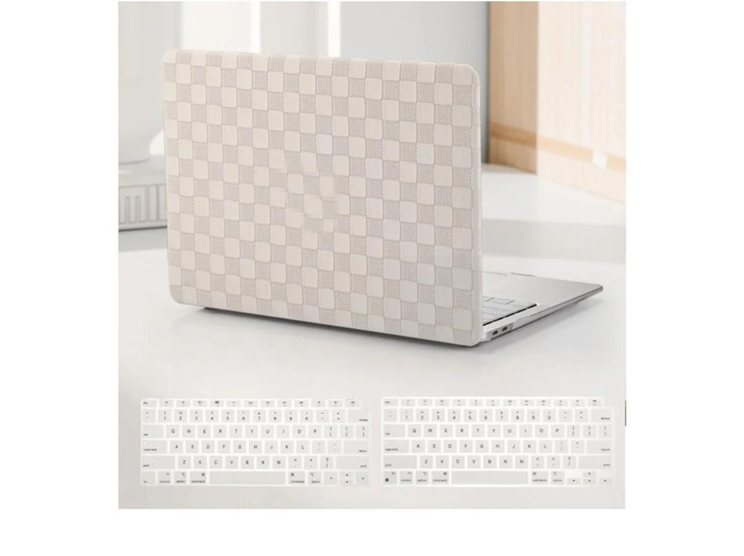 Compatible with MacBook Air 13 Inch 2022 2021-2018 M1 A2337 A2179 A1932, Checkered Textured Cream Leather Hard Shell Case No Logo Cutout & Keyboard Cover for Mac Air 13, Beige