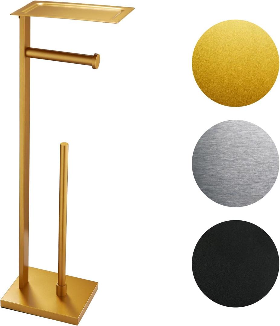 Miyili Bathroom Lavatory Toilet Paper Holder with Shelf Stainless Steel Freestanding Toilet Tissue Roll Holder Square Style Gold