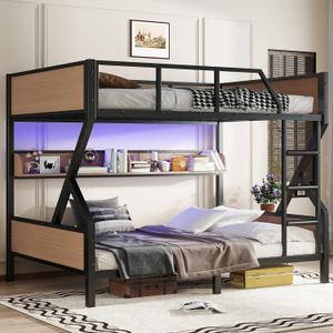 Bellemave Queen Over Queen Size Bunk Bed Frame with Storage Shelves and LED Lights,Heavy Duty Adult Bunk Beds with Angled Ladder,Metal Queen Bunk Bed,Woodgrain