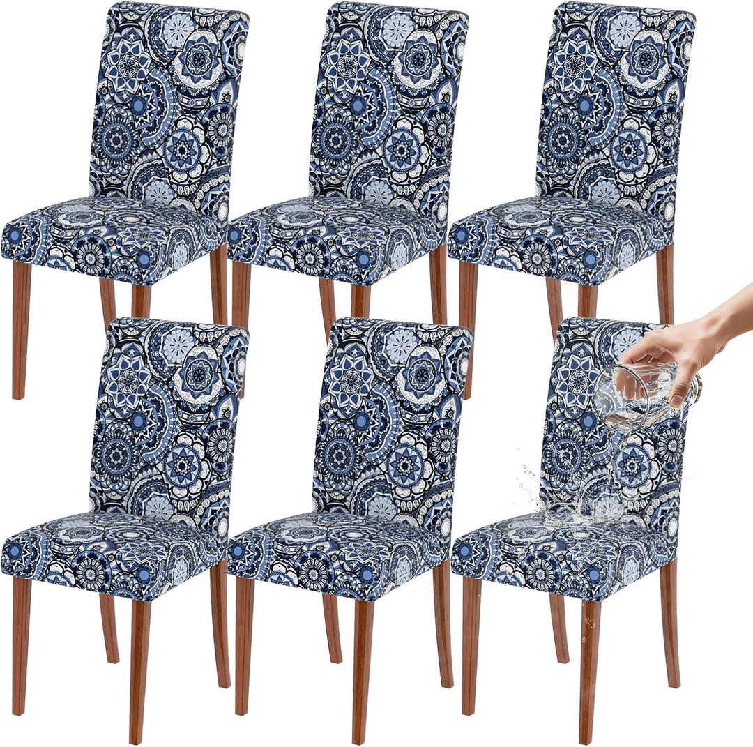 Waterproof Dining Chair Covers Set of 6,Stretch Spandex Chair Slipcovers for Dining Room Chairs, Removable Washable Kitchen Chair Covers, Elastic Chair Protectors for Home Restaurant Banquet (A-totem Patterns)