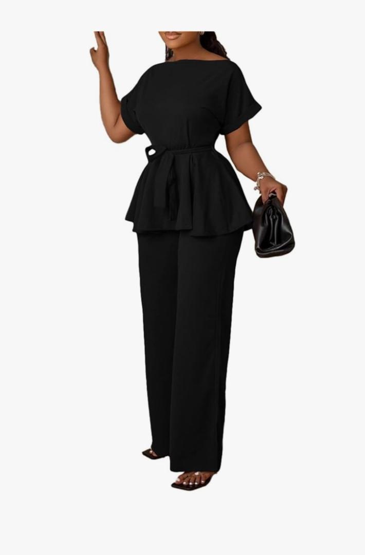 Women's 2 Piece Outfits Suit Set Short Sleeve Peplum Top Flared Pants Sets Business Pantsuits Black, 4XL