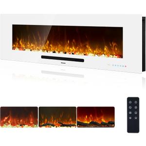 50 inch Electric Fireplace, Recessed & Wall Mounted Fireplace Heater with Remote Control and 750/1500W Thermostat, Multicolor Flame Combinations, Logs & Crystal, White