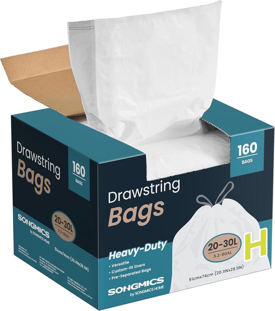 SONGMICS Bags for 8-Gallon (30 L) Cans, Drawstring Kitchen Garbage Bags, Pre-Separated, Quick-Dispense Box, Liner Code H, 4 Rolls, 160 Count, White UKRB031A04