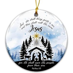 2 x Christian Nativity Ornament  and Thou Shalt Call His Name Jesus Matthew 1:21  Religious Ceramic Christmas Ornament with Holy Family Scene, Scripture Verse, and Faith-Based Holiday Dcor & Gift