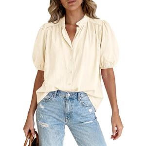 Tankaneo Womens Puff Sleeve Button Down Shirts Cotton Pleated Loose Fit Tops Summer Dressy Casual Blouses (Beige, S)