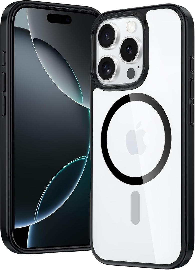 FNTCASE for iPhone 16 Pro-Max Case: Magnetic Military Grade Drop Protection Anti Yellowing Cell Phone Cover - Rugged Shockproof Protective Bumper Transparent Cases (Black)