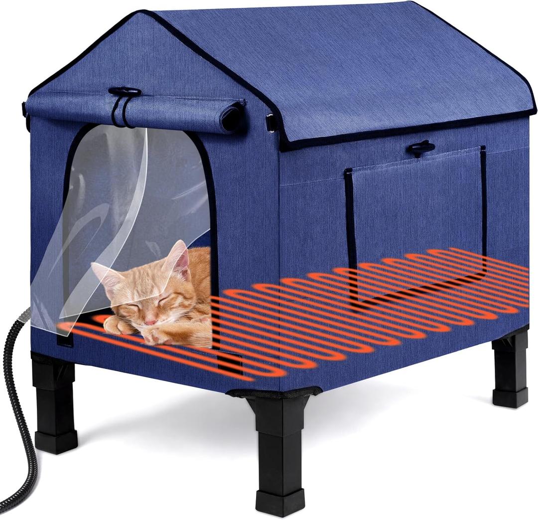 Heated Cat House for Outside, Waterproof Outdoor Cat Shelter with Thermostatic Pet Heating Pad for Winter, Large Elevated Pet Hetaing Bed with Rmoveable Canopy for All Seasons