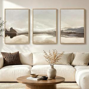 Large Framed Neutral Wall Art for Living Room, Mountain Landscape and Lake Artwork for Walls, 3 Piece Modern Canvas Prints for Hallway, Dining Room, Office Wall Decor 24x36 Inch