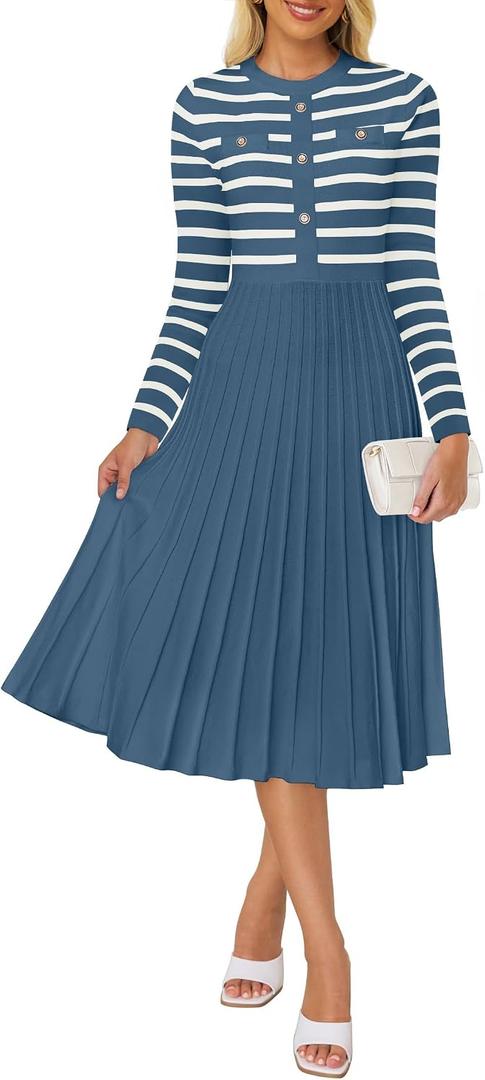 ZESICA Womens Long Sleeve Striped Midi Dresses Crewneck Button Ribbed Knit Pleated A Line Swing Sweater Dress (M)