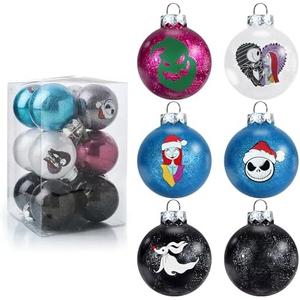 HTTHPVASE 12Pcs Nightmare Christmas Ball Ornaments Set, Skull Pattern Jack Sally Xmas Tree Decorations, Plastic Shatterproof Halloween Holiday Hanging Balls Decor (2.36”/60mm)