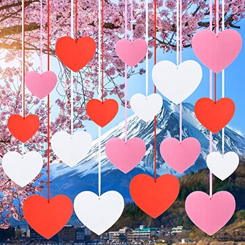 Hanaive 18 Pcs 3 Sizes Valentine's Day Outdoor Decorations Hanging Heart Ornaments with 3 Rolls 24 Yard Polyester Silk Satin Ribbon for Porch Tree Lawn Yard