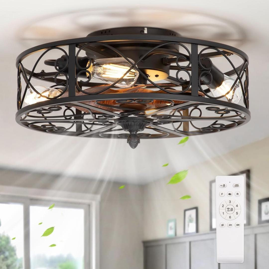 Caged Flush Mount Ceiling Fan with Lights, Farmhouse Rustic Bladeless Ceiling Fans with Lights and Remote, Low Profile Small Enclosed Ceiling Fan with Light for Bedroom, Kitchen, Black (18.5Inch)