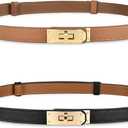 Women's Skinny Leather Belt with Adjustable Silver Turn-Lock Buckle - Ideal for Dresses, Jeans, and Coats, Black