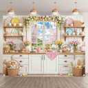 8x6ft Easter Kitchen Backdrop Spring Window View Colorful Eggs Flowers Tuilp Dessert Photography Background Family Festival Party Decorations Photo Booth Banner