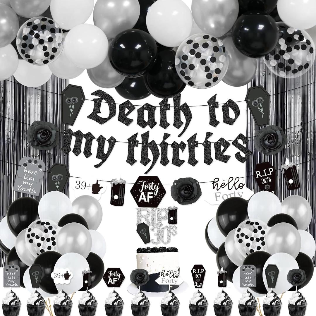40th Birthday Decorations for Men Women, Death to My 30s Birthday Decorations, Death To My Thirties Banner Black Confetti Balloon,Cake Topper,Fringe Curtain, RIP To My 30s 40th Birthday Party Supplies