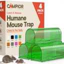 Humane Mouse Trap Pack of 4, Live Mouse Traps Catch and Release for Indoors & Outdoors, Pet & Child Safe, 6.69" Reusable Plastic Mouse Cage with Spring Door, Cleaning Brush Included, Green