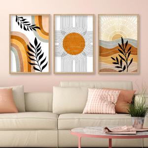Geometric Sun Desert Wall Art Set of 3: Boho Botanical Wooden Framed Prints, Abstract Minimalist Plant Decor for Living Room Bedroom Office Wall Hanging, 16x11 Inch (Black)