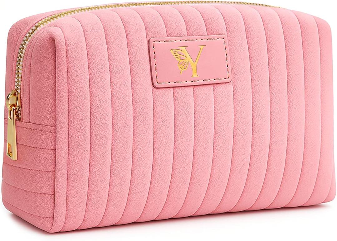 Monogrammed Make Up Bags for Women,Personalized Cosmetic Bags Women,Small Quilted Makeup Pouch,Cute Makeup Bag Travel,Birthday Gifts for Teen Girl (Pink Y)