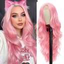 Long Wavy Pink Wigs for Women Middle Part Pastel Pink Wig 26 Inch Natural Wave Synthetic Wig Heat Resistant Wigs for Halloween Cosplay Daily Party Use