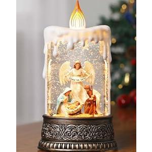 Lffital Nativity Christmas Snow Globe Candle, Angel Snow Globe Lantern with Music Timer Swirling Glitter, Christmas Decorations for Home Decor Festival Gife, USB & Battery Operated 10 Inch