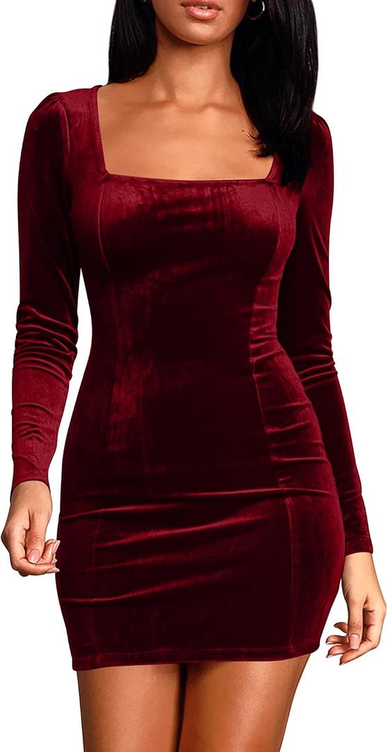 cailami Women's Sexy Bodycon Long Sleeve Velvet Elegant Mini Homecoming Party Dresses (L)