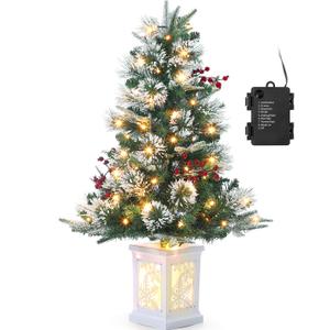 GarveeHome 3 ft Prelit Premium Snow Flocked Artificial Christmas Tree with 8 Mode Warm White Led, Mini Prelit Xmas Pine Tree for Christmas Decoration,Yard,Home,Office,Outdoor,Indoor